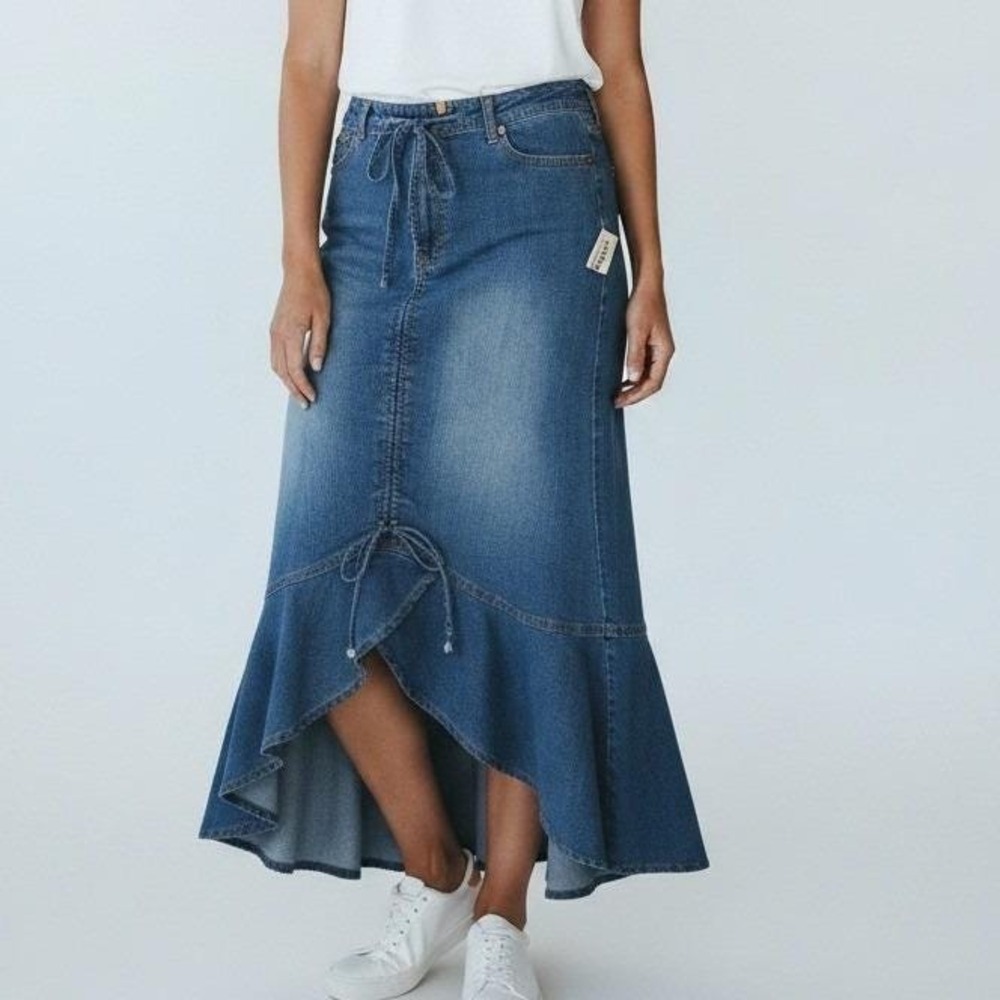 Big Time USA Vintage Denim Maxi Skirt Medium Wash High Low Mermaid Ruffle M